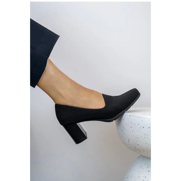 Aerosoles Midnight Heeled Stacked Pump Black Stretch Fabric Memory Foam 5.5 - Picture 7 of 8